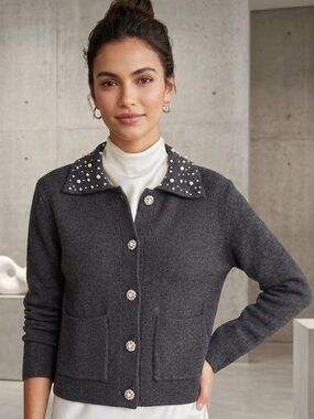 ENDLESS ROSE Pearl Embellished Cardigan Sweater S Charcoal Gray $89 Retail NWT